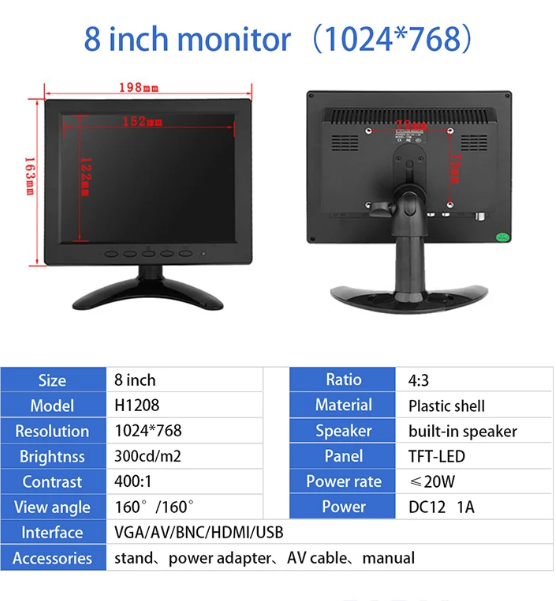 Additional Screen Monitor 8 Inch LCD (with HDMI AV USB VGA BNC ports)