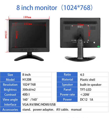 Additional Screen Monitor 8 Inch LCD (with HDMI AV USB VGA BNC ports)