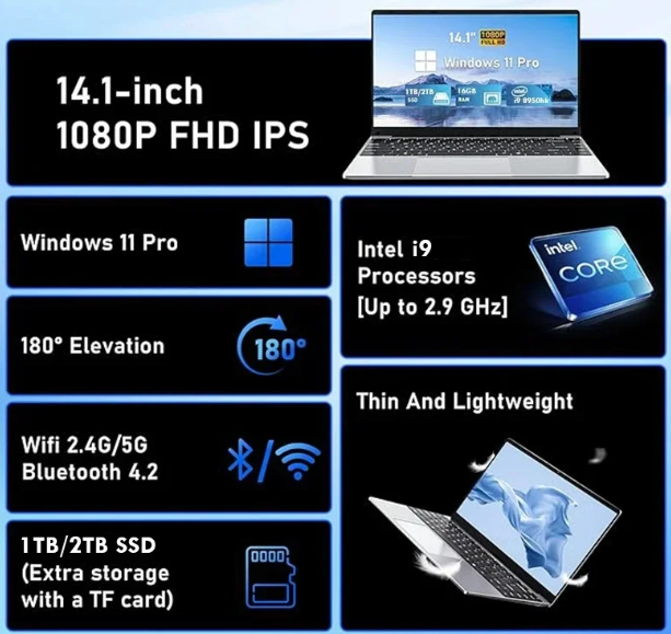 Nuovo 14.1" Windows 11 Laptop Intel Core i9 2TB WIFI & Bluetooth